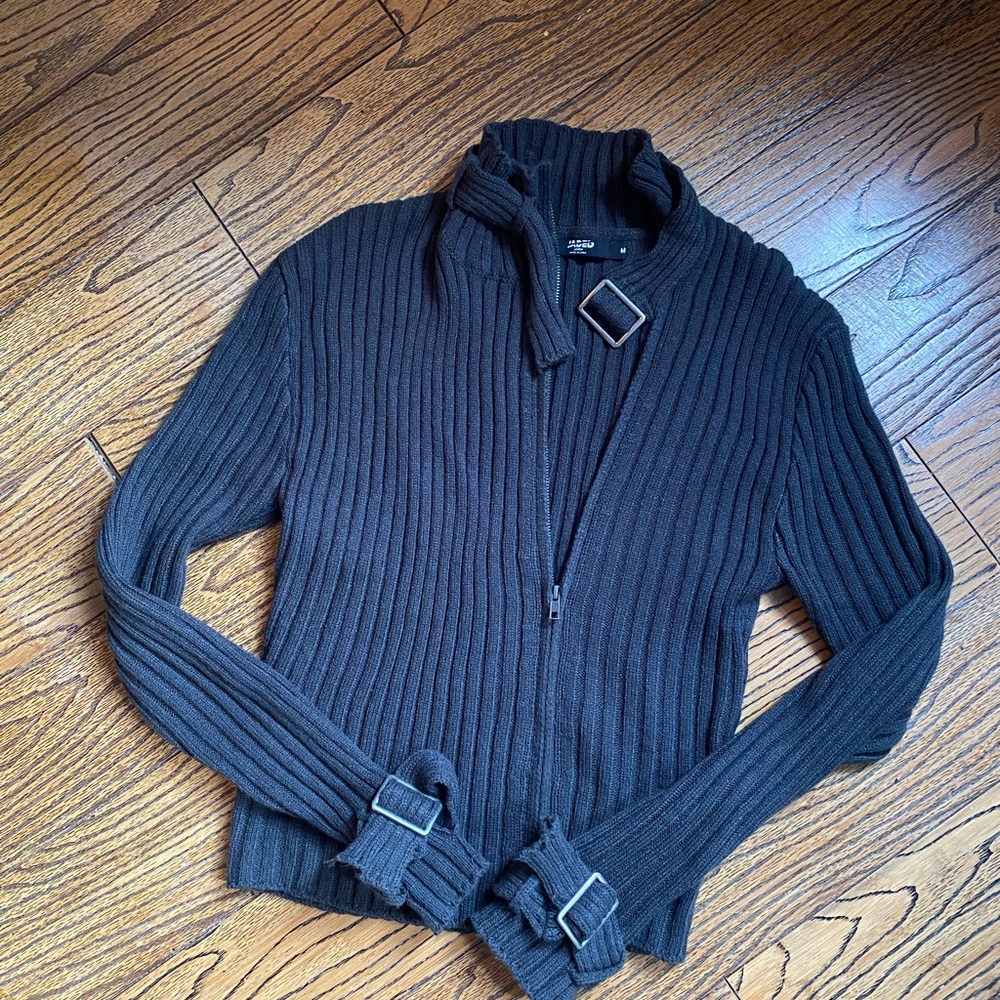 Jaded London Charcoal Ribbed Sweater with Buckle Accents